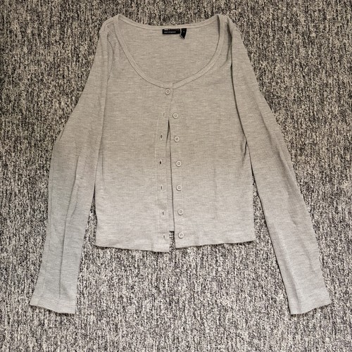 Grey long sleeve button top - long, button-up